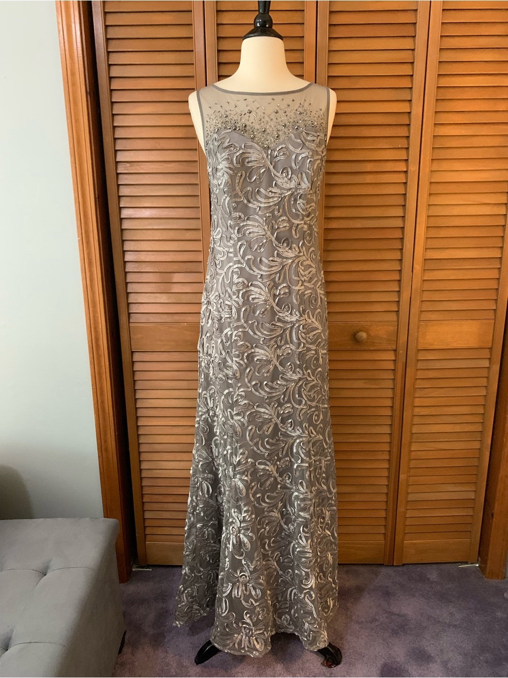 Elegant Silver Beaded Lace Evening Dress